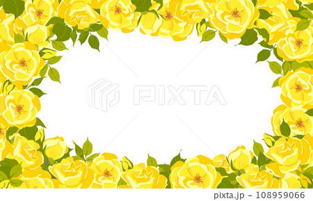 Vector rectangular horizontal frame with yellow rose flowers and leaves on white. Summer flowers for wedding card, romantic valentine, greeting card, invitation or posters. Vector rectangular horizontal frame with yellow rose flowers and leaves on white. Summer flowers for wedding card, romantic valentine, greeting card, invitation or posters. 108959066