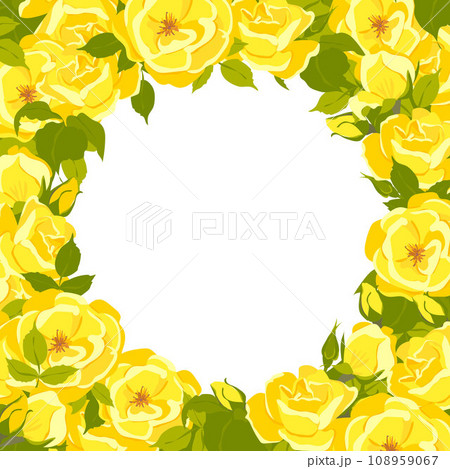 Vector square frame with yellow rose flowers and leaves on white. Summer flowers for wedding card, romantic valentine, greeting card, invitation or posters. Vector square frame with yellow rose flowers and leaves on white. Summer flowers for wedding card, romantic valentine, greeting card, invitation or posters. 108959067