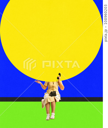 Woman in retro dress talking on phone. News, mass media, information. Contemporary art collage. Complementary colors. Woman in retro dress talking on phone. News, mass media, information. Contemporary art collage. Complementary colors. 108960203