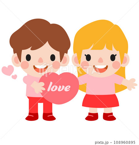 happy valentines day teen couple clipart. Romantic girl and boy giving heart gift 108960895