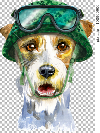 Watercolor portrait of airedale terrier dog in military tactical helmet 108960906