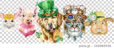 Border from watercolor portraits of dog, guinea pig, cat, mini pig, and rat 108960936