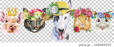Border from watercolor portraits of dog, guinea pig, cat, mini pig, and rat 108960939
