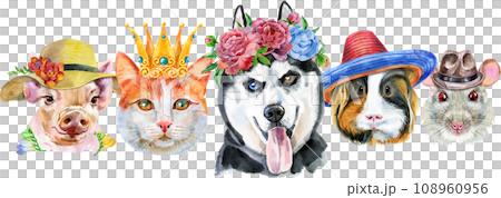 Border from watercolor portraits of dog, guinea pig, cat, mini pig, and rat 108960956