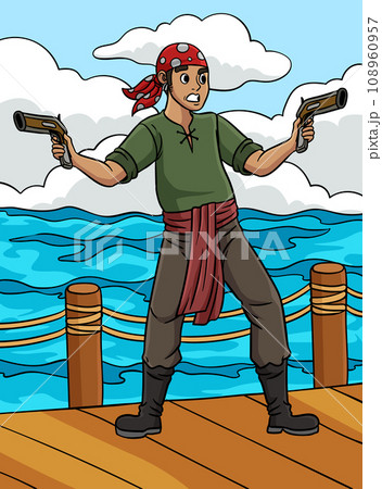 Pirate with a Gun Colored Cartoon Illustration Pirate with a Gun Colored Cartoon Illustration 108960957