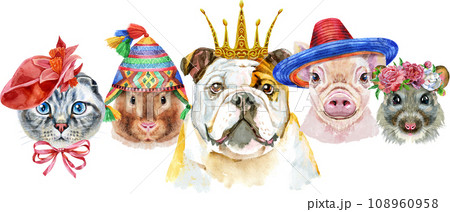 Border from watercolor portraits of dog, guinea pig, cat, mini pig, and rat Border from watercolor portraits of dog, guinea pig, cat, mini pig, and rat 108960958