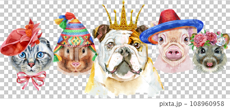 Border from watercolor portraits of dog, guinea pig, cat, mini pig, and rat Border from watercolor portraits of dog, guinea pig, cat, mini pig, and rat 108960958