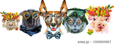 Border from watercolor portraits of dog, guinea pig, cat, mini pig, and rat Border from watercolor portraits of dog, guinea pig, cat, mini pig, and rat 108960967