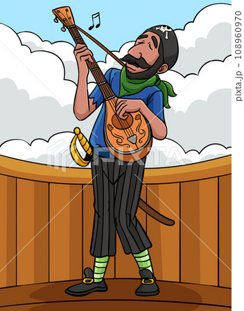 Pirate with Guitar Colored Cartoon Illustration Pirate with Guitar Colored Cartoon Illustration 108960970