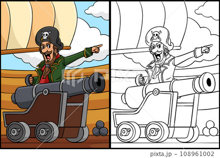 Pirate Captain with Cannon Coloring Illustration Pirate Captain with Cannon Coloring Illustration 108961002