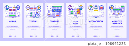 Mobile app onboarding screens. Software development, testing, website content. Menu vector banner template for website and mobile development. Web site design flat illustration Mobile app onboarding screens. Software development, testing, website content. Menu vector banner template for website and mobile development. Web site design flat illustration 108961228
