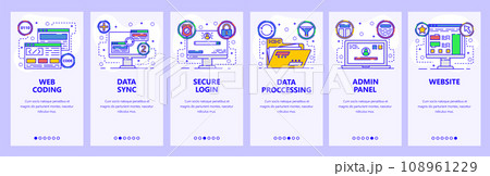 Mobile app onboarding screens. Website secure access to admin panel, data sync, coding and data processing. Menu vector banner template for website and mobile development. Web site flat illustration 108961229