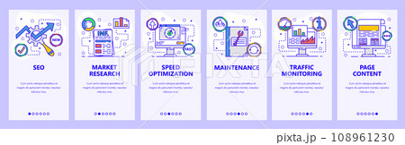 Mobile app onboarding screens. SEO and speed optimization, page content, traffic analysis. Menu vector banner template for website and mobile development. Web site design flat illustration 108961230