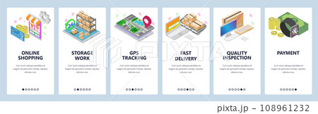 Mobile app onboarding screens. Online shopping, smart watch, payments, warehouse, delivery, gps tracking. Vector banner template for website and mobile development. Web site isometric illustration 108961232