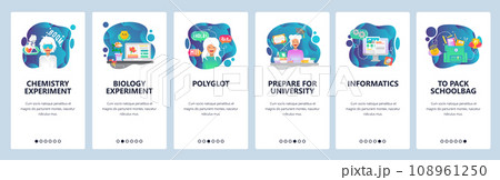 Mobile app onboarding screens. School and college education, chemistry lab, biology experiment, learning language. Vector banner template for website and mobile development. Web site flat illustration Mobile app onboarding screens. School and college education, chemistry lab, biology experiment, learning language. Vector banner template for website and mobile development. Web site flat illustration 108961250