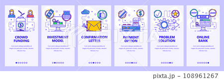 Mobile app onboarding screens. Online bank and money transfer, investment and crowd funding. Menu vector banner template for website and mobile development. Web site design flat illustration 108961267