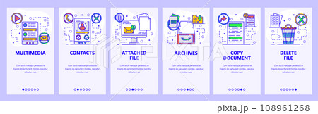 Mobile app onboarding screens. Computer services, media, email, archives, copy and delete files. Menu vector banner template for website and mobile development. Web site design flat illustration Mobile app onboarding screens. Computer services, media, email, archives, copy and delete files. Menu vector banner template for website and mobile development. Web site design flat illustration 108961268