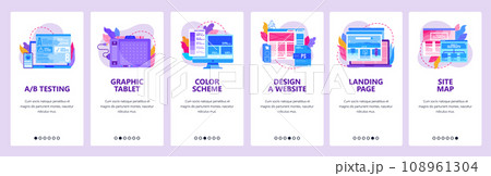 Web development, digital graphic tablet, wireframe, sitemap. Mobile app onboarding screens. Menu vector banner template for website and mobile development. Design illustration 108961304