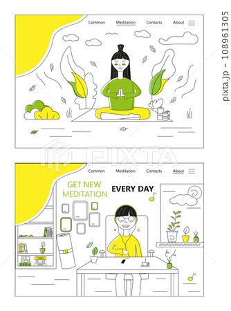 Girl is doing yoga and meditate in a park. Woman listen music at home. Work life balance. Meditation concept. Vector web site design template. Landing page website illustration 108961305