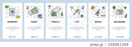 Travel outline icons. Passport, air tickets, photo camera, sunblock cream. Mobile app onboarding screens. Menu vector banner template for website and mobile development. Web site design illustration 108961306