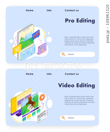 Photo editor mobile phone app with control sliders. Video editing computer software. Vector web site design template. Landing page website concept illustration. 108961320