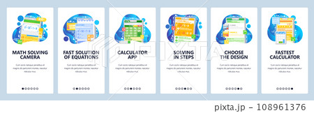 Math equation solving mobile phone app. Mathematics formula, calculator, equation solution. App screens. Menu vVector banner template for website mobile development. Web site design illustration 108961376