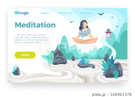 Girl meditating in lotus pose and hovering above japanese rock garden. Yoga, life balance, relaxation, mindfulness. Vector web site design template. Landing page website concept illustration. 108961378