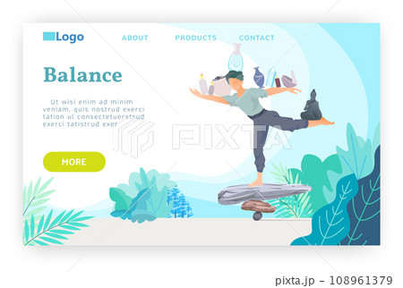 Man stays on a stack stones and balancing. Yoga, meditation and buddhism concept. Vector web site design template. Landing page website concept illustration. Man stays on a stack stones and balancing. Yoga, meditation and buddhism concept. Vector web site design template. Landing page website concept illustration. 108961379