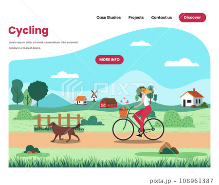 Happy girl riding bicycle on rural road. Outdoor nature landscape. Countryside farm. Woman cycling. Vector web site design template. Landing page website concept illustration. Happy girl riding bicycle on rural road. Outdoor nature landscape. Countryside farm. Woman cycling. Vector web site design template. Landing page website concept illustration. 108961387