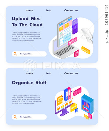 Online cloud office. Upload files to cloud storage technology. Business 3d concept Vector web site design template. Landing page website illustration. Online cloud office. Upload files to cloud storage technology. Business 3d concept Vector web site design template. Landing page website illustration. 108961414