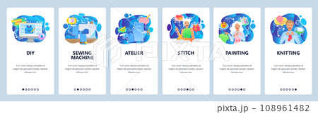 Mobile app onboarding screens. Sewing machine, painting, artist palette, knitting, atelier. Menu vector banner template for website and mobile development. Web site design flat illustration Mobile app onboarding screens. Sewing machine, painting, artist palette, knitting, atelier. Menu vector banner template for website and mobile development. Web site design flat illustration 108961482