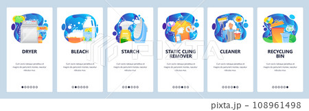 Mobile app onboarding screens. House cleaning service, dryer, bleach, housemaid, recycling waste bin. Menu vector banner template for website and mobile development. Web site design flat illustration 108961498
