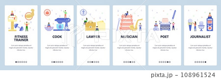 Mobile app onboarding screens. Professions, lawyer, musician, writer, journalist, fitness trainer. Menu vector banner template for website and mobile development. Web site design flat illustration 108961524