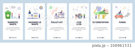Mobile app onboarding screens. Waste recycle, hazardous waste, air pollution, power plant, gas emission. Vector banner template for website and mobile development. Web site design flat illustration Mobile app onboarding screens. Waste recycle, hazardous waste, air pollution, power plant, gas emission. Vector banner template for website and mobile development. Web site design flat illustration 108961531