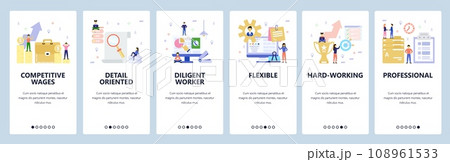 Mobile app onboarding screens. Business and office workspace, team work, achievements, contract. Menu vector banner template for website and mobile development. Web site design flat illustration 108961533