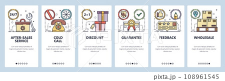 Mobile app onboarding screens. Warehouse with packages, guarantee certificate, feedback review. Menu vector banner template for website and mobile development. Web site design flat illustration Mobile app onboarding screens. Warehouse with packages, guarantee certificate, feedback review. Menu vector banner template for website and mobile development. Web site design flat illustration 108961545