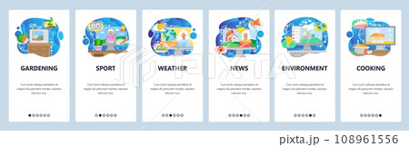 Mobile app onboarding screens. TV show, sport news, weather, cooking show, tv set. Menu vector banner template for website and mobile development. Web site design flat illustration Mobile app onboarding screens. TV show, sport news, weather, cooking show, tv set. Menu vector banner template for website and mobile development. Web site design flat illustration 108961556