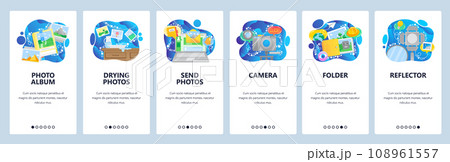 Mobile app onboarding screens. Take and develop photo, digital photography, camera, photo album, light. Vector banner template for website and mobile development. Web site design flat illustration Mobile app onboarding screens. Take and develop photo, digital photography, camera, photo album, light. Vector banner template for website and mobile development. Web site design flat illustration 108961557