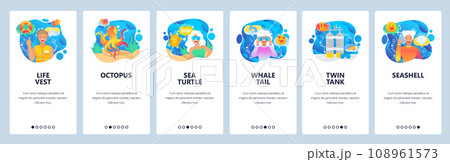 Mobile app onboarding screens. Underwater world, sea life animals, scuba diving. Menu vector banner template for website and mobile development. Web site design flat illustration 108961573