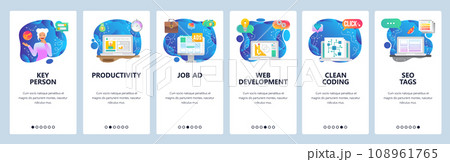 Mobile app onboarding screens. Project drawing, business management, job resume, seo tags, marketing. Menu vector banner template for website and mobile development. Web site design flat illustration 108961765