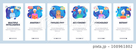 Mobile app onboarding screens. Science research, female scientist, education topics. Menu vector banner template for website and mobile development. Web site design flat illustration 108961802
