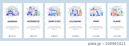 Mobile app onboarding screens. Gamepad, cyber sport, computer games, team player. Menu vector banner template for website and mobile development. Web site design flat illustration 108961821
