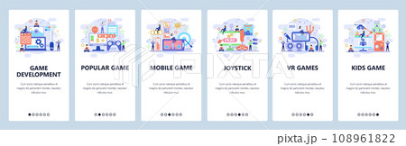Mobile app onboarding screens. Game development, VR technology, mobile games, joystick. Menu vector banner template for website and mobile development. Web site design flat illustration 108961822