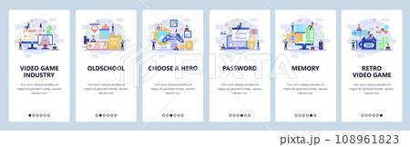 Mobile app onboarding screens. Oldschool video games, computer hardware, enter password. Menu vector banner template for website and mobile development. Web site design flat illustration Mobile app onboarding screens. Oldschool video games, computer hardware, enter password. Menu vector banner template for website and mobile development. Web site design flat illustration 108961823