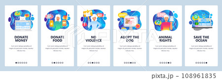 Mobile app onboarding screens. Help animals, dogs shelter, animal rights, donate money. Menu vector banner template for website and mobile development. Web site design flat illustration 108961835