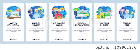 Mobile app onboarding screens. Water and air pollution, save the planet, oxygen production. Menu vector banner template for website and mobile development. Web site design flat illustration Mobile app onboarding screens. Water and air pollution, save the planet, oxygen production. Menu vector banner template for website and mobile development. Web site design flat illustration 108961836