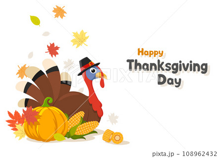 Thanksgiving Day. Turkey bird in a hat with pumpkin and corn on a white background, space for text. Character Thanksgiving Day. Turkey bird in a hat with pumpkin and corn on a white background, space for text. Character 108962432