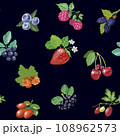 Berries seamless pattern on black background, sweet ripe berries and flowers and leaves. Vector 108962573