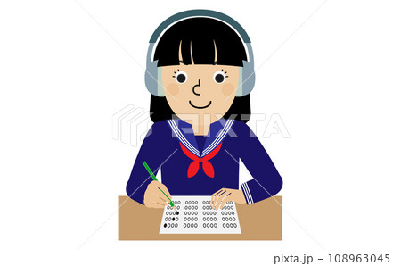 机の前でヘッドホンをつけてリスニングテストを受けているセーラー服の学生服を着た黒髪の日本人女性 机の前でヘッドホンをつけてリスニングテストを受けているセーラー服の学生服を着た黒髪の日本人女性 108963045