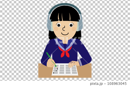 A black-haired Japanese woman wearing a sailor school uniform is wearing headphones and taking a listening test in front of her desk. A black-haired Japanese woman wearing a sailor school uniform is wearing headphones and taking a listening test in front of her desk. 108963045